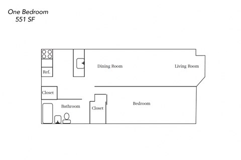 Floor plan for 1 bed, 1 bath, 551 sqft